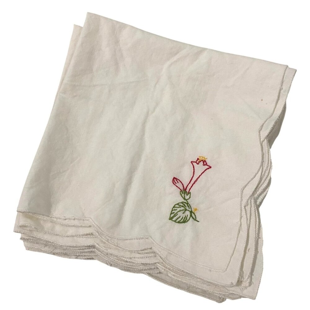 Vtg 50s 60s Linen Napkin Lot of 12 Beige Embroidered Scalloped Edge Thanksgiving